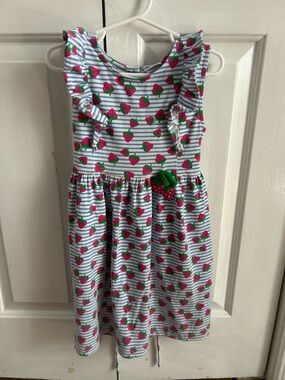 Florence Eiseman Blue & White Stripe Dress with Pink Strawberry Print
